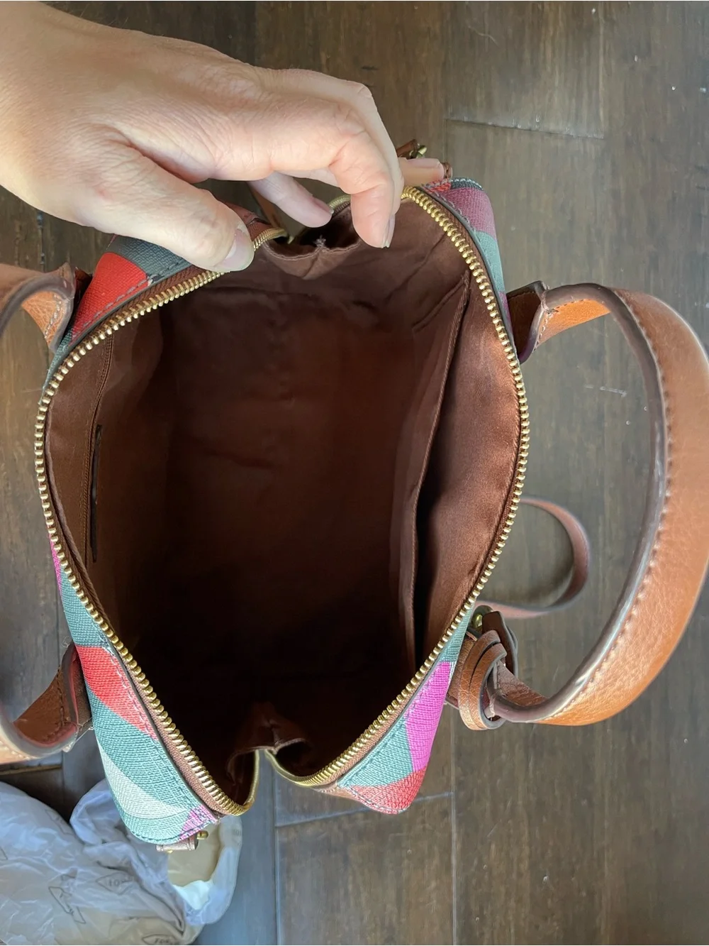 Fossil Chevron Pattern Mini Satchel in Pink, Red, Gray & Brown